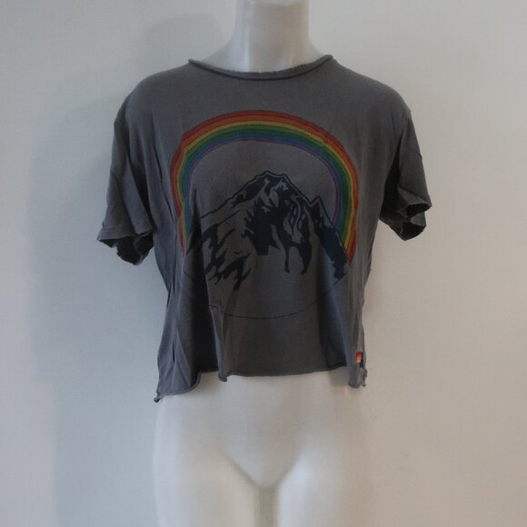 Womens Aviator Nation Gray Chasing Rainbow Graphic Cropped T-Shirt Top M - Picture 2 of 7